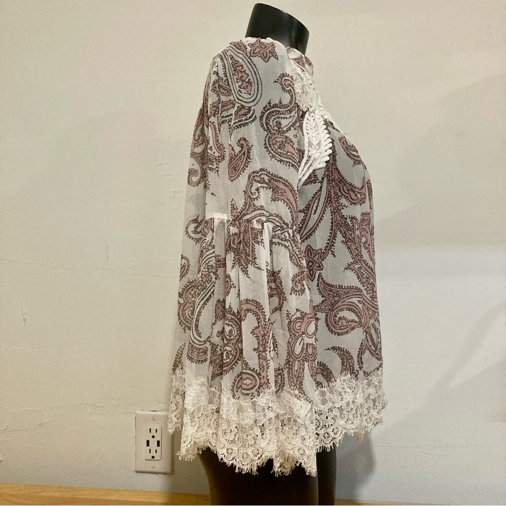 Loft Bohemian Sheer Bell Sleeve Lacy Blouse Paisley Pink Purple Off-White Small - Picture 8 of 16